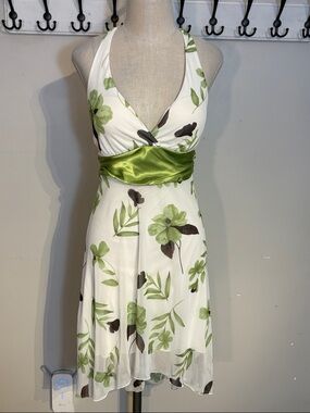 White & Green Floral Halter Dress with Green Sash